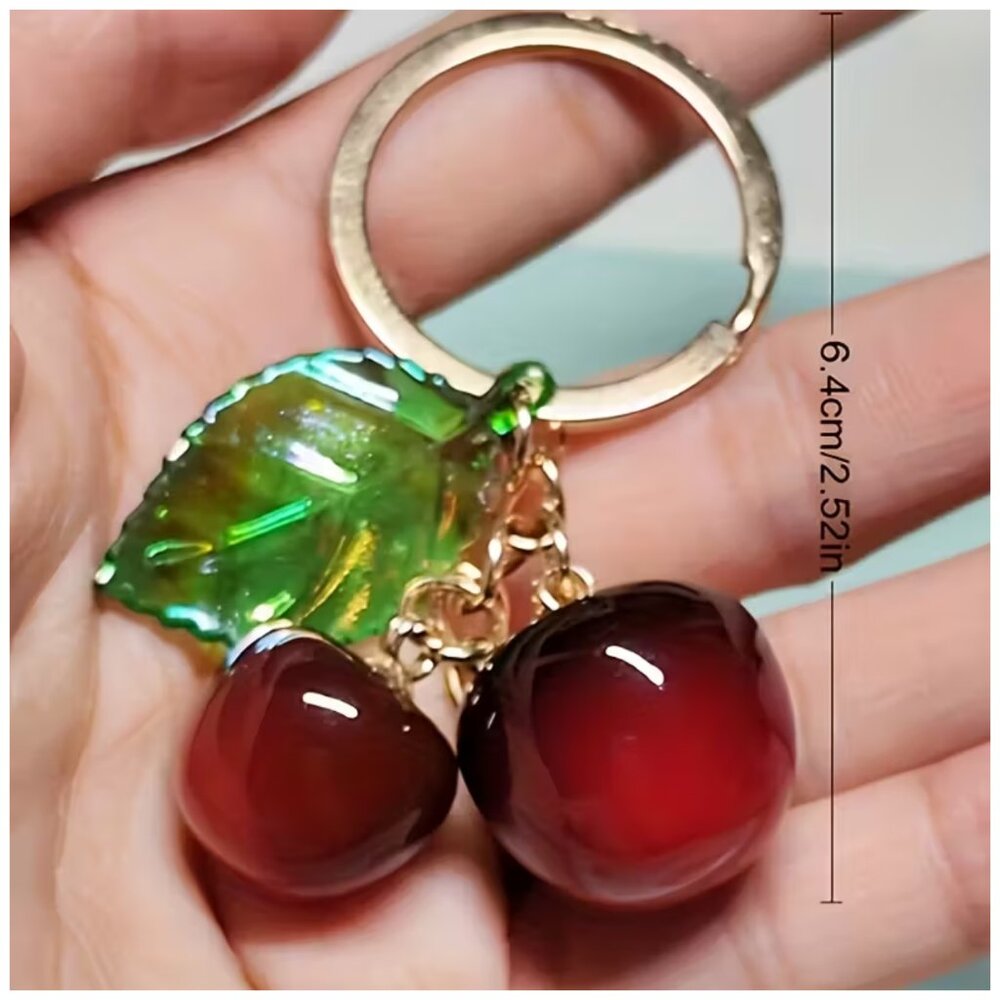 Keychain Glossy Red Cherry & Green Leaf Charms Golden Backpack Wallet Handbag - Picture 5 of 5